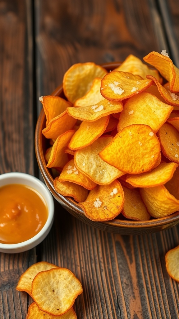A bowl of golden homemade potato chips sprinkled with sea salt on a rustic table.